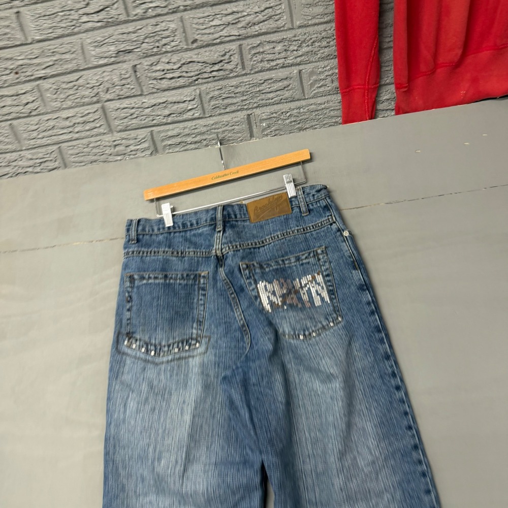 Brooklyn Xpress Mens‎ Studded BKLYN Sequin Baggy Wide Leg Jeans Blue 34x34 Y2K